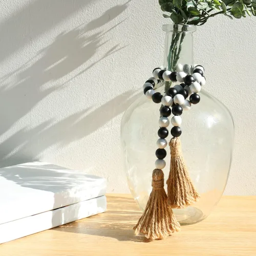 Miniatura 3 de Meplait - Guirnalda de cuentas de madera - 39 pulgadas de estilo rústico con borlas para decoración de bandejas escalonadas - Negro y blanco