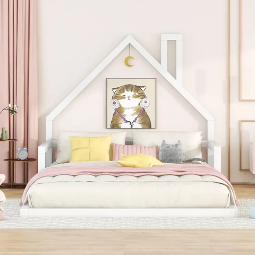 Miniatura 4 de Harper & Bright Designs Cama de suelo de tamaño matrimonial con cabecera en forma de casa, marco de cama Montessori, cama de plataforma, cama