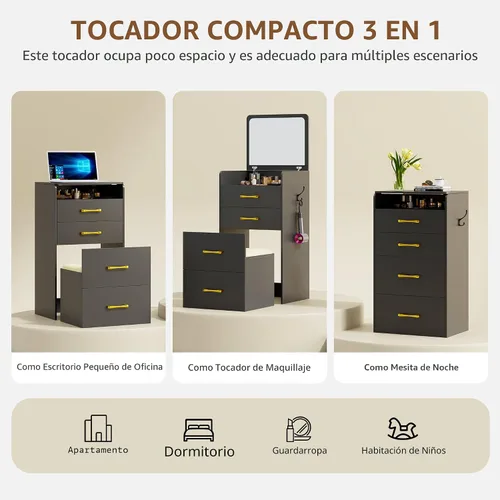 Miniatura 2 de Gurexl Escritorio de tocador 3 en 1 con espejo abatible, pequeño tocador compacto con escritorio de vidrio visible, juego de tocador de maquillaje