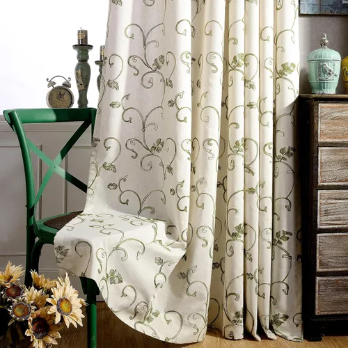 Miniatura 19 de VOGOL - Cortinas de 2 paneles con ramas bordadas de lino sintético con ojales, cortinas para dormitorio/sala de estar, paneles de tratamiento