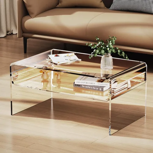 Miniatura 8 de Mesa de café acrílica para sala de estar con estante de almacenamiento abierto, mesa rectangular transparente de Lucite (1, Transparente, Normal)