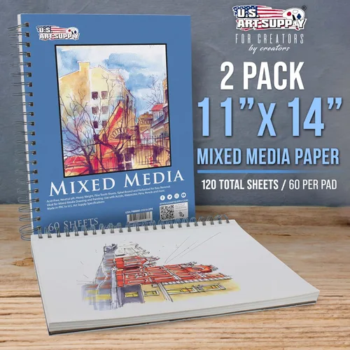 Miniatura 2 de U.S. Art Supply Cuaderno de bocetos mixto de 11 x 14 pulgadas, paquete de 2 (60 hojas), 98 libras (160 GSM) - Bloc encuadernado en espiral con papel
