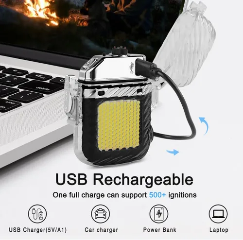 Miniatura 5 de SUPRUS Luminoso 3 modos de linterna resistente al viento, impermeable, encendedor eléctrico recargable de plasma de doble arco con silbato de Negro