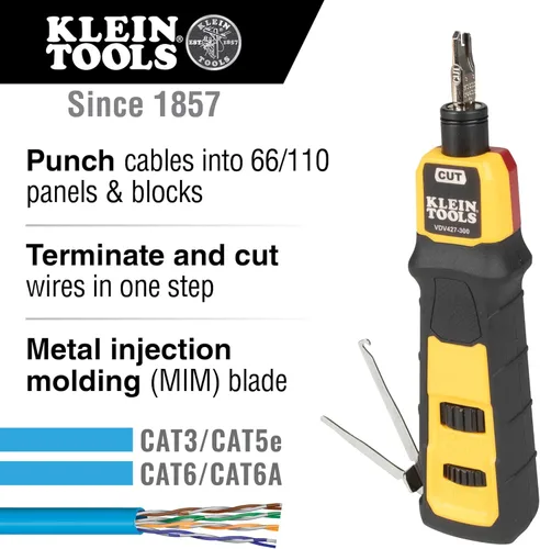 Miniatura 2 de Klein Tools VDV427-300 Herramienta de perforación de impacto con hoja 66/110, conexiones de cable CAT confiables, fuerza ajustable, incluye púa