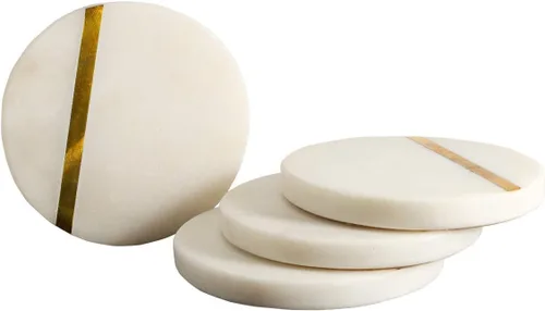 GoCraft Posavasos hechos a mano de mármol blanco con forro de latón, juego de 4, posavasos decorativos para café, copas de vino, bebidas y