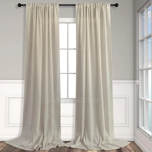 Miniatura 195 de Cortinas de lino gris claro, 2 paneles, presillas traseras, bolsillo para cortinero, semitraslúcidas, ahorran energía, estilo rústico, arpillera