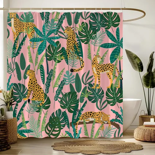 Miniatura 7 de Cortina de ducha de leopardo, vida silvestre, animales, leopardo, asiático, rosa, guepardo, tigre, hoja de palmera, selva tropical, selva, selva