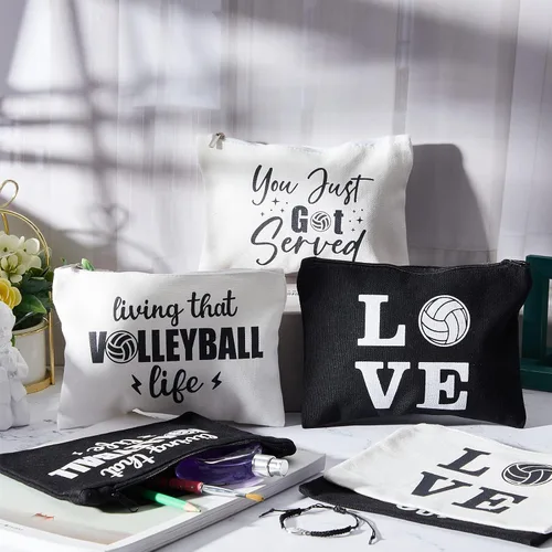 Miniatura 4 de Weewooday 12 bolsas de maquillaje de voleibol, bolsas de lona para cosméticos con palabras, estuche de almacenamiento portátil de voleibol, bolsas
