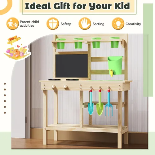 Miniatura 11 de Cocina de Juego Exterior de Madera de Cedro para Niños, Cocina de Barro con Grifo de Agua, Pizarra de Doble Cara, Estantes de Almacenamiento, Vasos