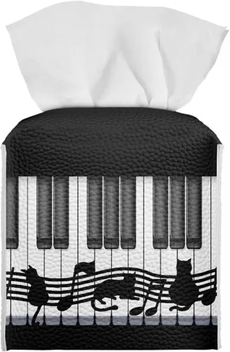 Miniatura 24 de Gomyblomy Juego de caja de pañuelos de cuero sintético con teclado de piano de gato negro, caja de pañuelos plegable impermeable con cinturón