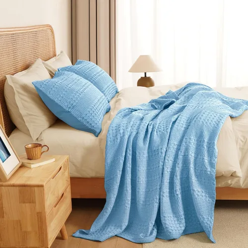 Miniatura 5 de PHF - Manta tejida de punto gofre 100% algodón, suave, ligera, transpirable, acogedora, de verano, para sofá y cama, tejida, estética, decoración