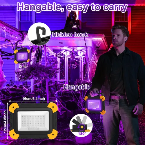 Miniatura 3 de AUMIO Paquete de 2 luces negras recargables, 5000 mAh, LED magnéticas, impermeables, inalámbricas, de 405 nm, luz de inundación ultravioleta