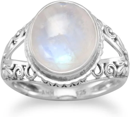Miniatura 2 de Anillo de piedra lunar arco iris con diseño de pergamino dividido banda de plata de ley antigua