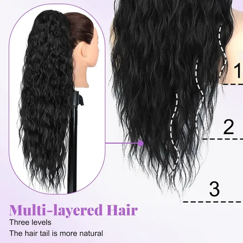 Miniatura 6 de Extensión de cola de caballo con cordón, extensión de cola de caballo larga y rizada para mujeres negras, extensiones de cabello negro de 26