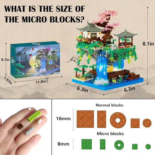 Miniatura 2 de Vziimo Juego de micro bloques de construcción de árbol bonsái de cerezo, arquitectura china, kits de estanque de flor de melocotón, árbol de sakura