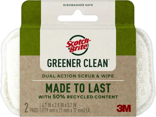 Scotch-Brite Greener Clean - Exfoliante y toallitas de doble acción, 2 paños flexibles para lavar platos y cocina, seguro en ollas y sartenes