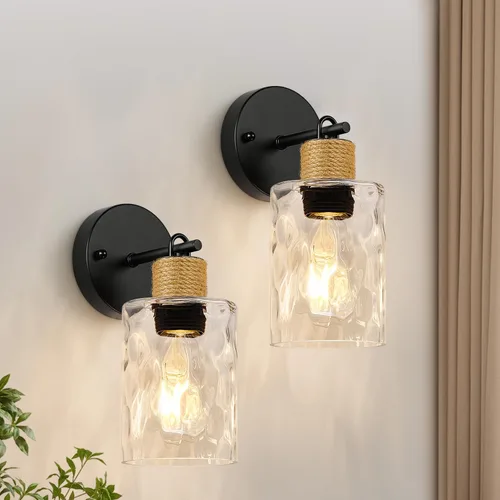 MOKATNG Juego de 2 apliques de pared para baño, luces de tocador modernas costeras con pantalla de cristal, lámpara de pared negra para espejo de