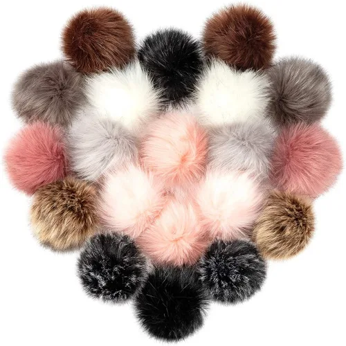 20 pompones de piel sintética para sombreros, pompones de 4.5 pulgadas para sombreros de tejer con lazo elástico, accesorios extraíbles de ganchillo