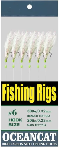 Miniatura 6 de 10/20/50/100 paquetes de 3 plumas y piel de pescado, 6 ganchos de aparejos de pesca de agua salada con gancho de cuerda, señuelo de señuelo para cebo