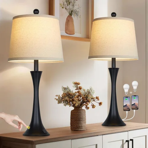 Miniatura 12 de Rinweey Lámparas de mesa plateadas de 27.5 pulgadas, lámparas táctiles de noche con puertos USB C+A, lámparas regulables de 3 vías para dormitorio