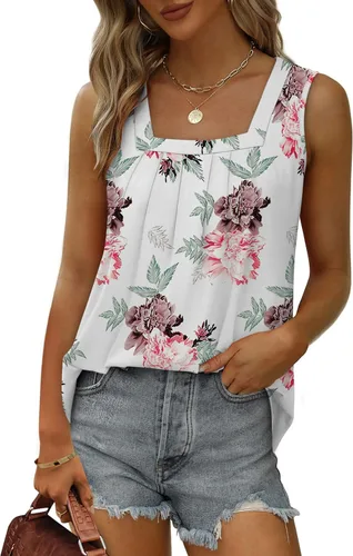 Miniatura 87 de Saloogoe - Camisetas sin mangas veraniegas para mujeres, plisadas con cuello cuadrado y dobladillo curvado, blusas de ajuste holgado con movimiento