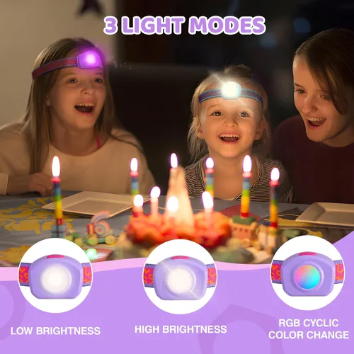 Miniatura 2 de EverBrite Linterna frontal LED recargable para niños con modo RGB y diadema ajustable, linterna frontal multicolor de 3 modos para acampar, leer