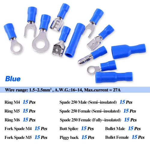 Miniatura 3 de Glarks Kit surtido de conectores, terminales aislados, con ondulación, sin soldar, de anillo, de trinche, de bala, butt, para rápida desconexiones