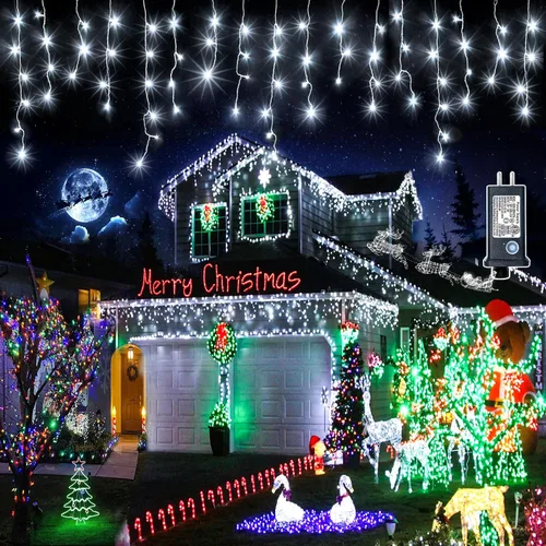 Miniatura 13 de Luces de Navidad de carámbano para exteriores, 66 pies, 640 luces LED de Navidad azules y blancas, 8 modos con 120 gotas, luz de carámbano