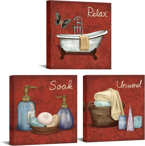 FuShvre Decoración de baño color burdeos, arte de pared de baño rojo, spa, relajarse, pinturas para decoración de pared enmarcada de 12 x 12