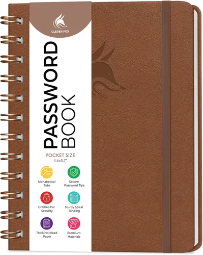 Miniatura 34 de Clever Fox Libro de Contraseñas en Espiral – Organizador de Direcciones de Internet y Contraseñas con Pestañas Alfabéticas Laminadas – Diario Negro