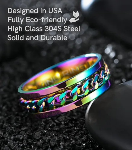 Miniatura 28 de King Ring Anillo giratorio de 0.315 pulgadas, anillo plano pulido fino para hombres y mujeres con cadena cubana, diseñado en Estados Unidos