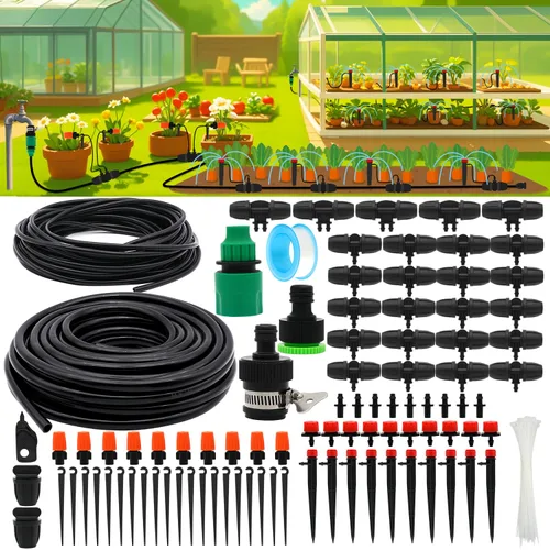 Sistema de riego por goteo, kit de riego por goteo de 100 pies para jardín, tubo principal de 50 pies y rama de 50 pies, boquillas ajustables para