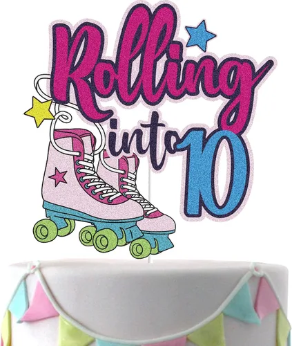Decoración para tartas de 10 años, diseño de patín de 10 años, decoración de pastel de 10 años, colorido, retro, para niñas, club, hip hop, fiesta,