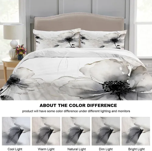 Miniatura 9 de Batmerry Flowers Watercolor Twin Size 3 Pieces Bedding Duvet Cover Sets, Soft Fluffy Elegant Black White Flower Painting 100% Cotton Printed Duvet