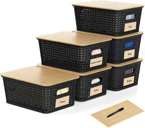 6 Piezas de Cestas de Almacenamiento de Plástico Negro con Tapas de Bambú con Etiquetas, Contenedores de Almacenamiento Apilables para Organizar