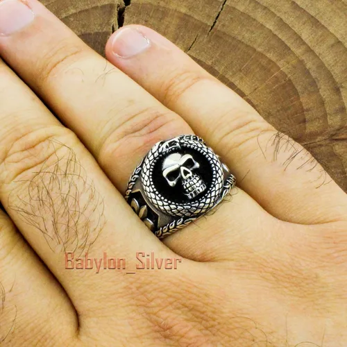 Miniatura 4 de Anillo de plata de ley 925 maciza estilo retro gótico con calavera de motociclista turca para hombre