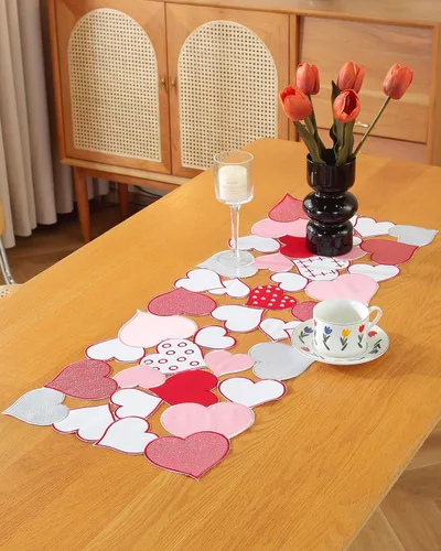Miniatura 11 de Camino de mesa para el día de San Valentín, decoración del día de San Valentín, 70 pulgadas de largo, bordado rojo y rosa, camino de mesa de corazón