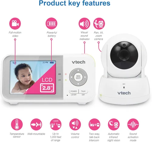 Miniatura 2 de VTech VM923 Monitor de bebé, pantalla de 2.8 pulgadas, panorámica-inclinación-zoom, alcance de 1000 pies, visión nocturna, audio de 2 vías, sensor