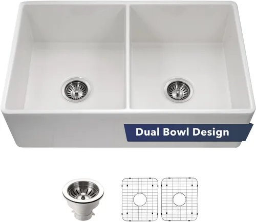 Miniatura 2 de Houzer Platus PTD-4400 BQ - Delantal de doble cuenco (33 pulgadas), resistente a astillas, fracturas y grietas Biscuit
