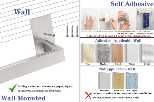 Miniatura 4 de Toallero de Baño Autoadhesivo, Sin Perforación Estante para Toallas Fácil de Instalar, Soporte para Toallas de Mano Hecho de Acero Inoxidable Níquel