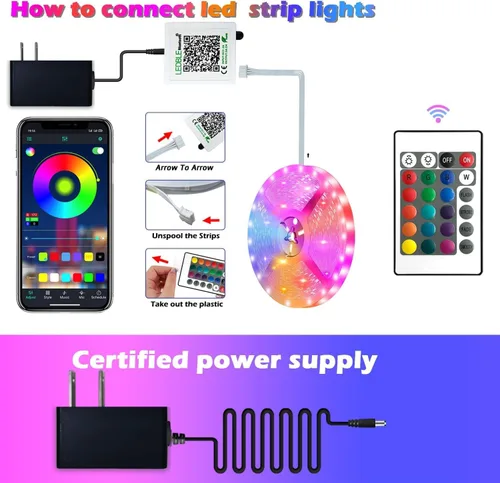 Miniatura 2 de Tira de luces LED inteligentes, con sincronización de música, 5050 RGB, luces que cambian de color, aplicación Bluetooth, control remoto por