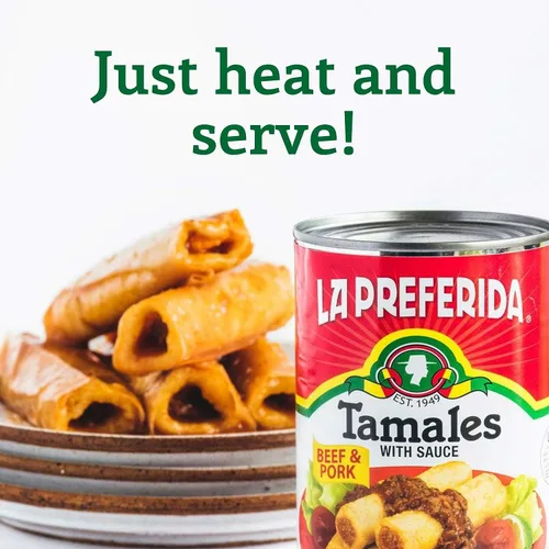 Miniatura 4 de La Preferida Tamales de carne de res y cerdo (tamales mexicanos enlatados en salsa roja) – Sin colorantes artificiales ni conservantes, solo