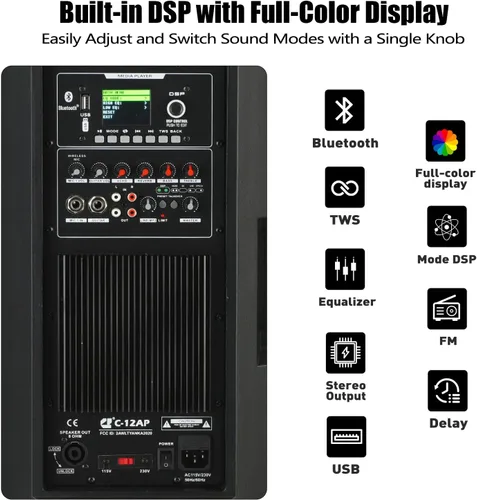 Miniatura 3 de EXOTON C-12AP - Altavoces PA profesionales de doble alimentación de 12 pulgadas, sistema PA activo y pasivo de 1500 W con pantalla LCD a