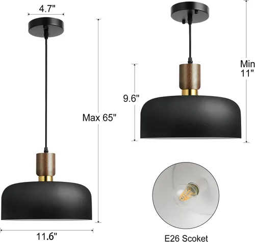 Miniatura 3 de Lámpara colgante negra moderna de 11.6 pulgadas, lámpara colgante grande para isla de cocina, madera maciza con pantalla martillada, lámpara