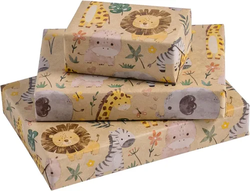 Miniatura 11 de RUSPEPA - Rollo de papel para envolver regalos con diseño de animales del bosque, mini rollo, papel kraft con texto "Oh Baby" para baby shower