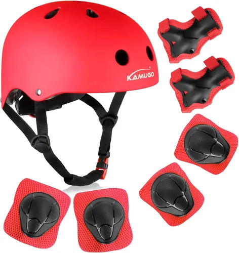 KAMUGO - Casco de bicicleta para niños, casco para niños pequeños de 2 a 8 años, para niños y niñas, con equipo de protección deportiva, rodilleras,