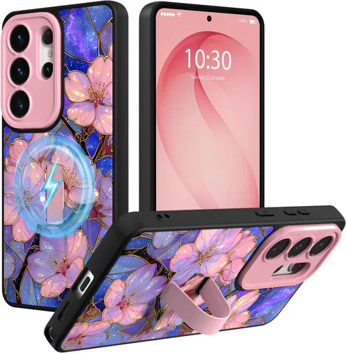 Miniatura 59 de Funda magnética compatible con Samsung Galaxy S25 Ultra para mujeres y hombres, estética flor de durazno, correa de muñeca ajustable incorporada