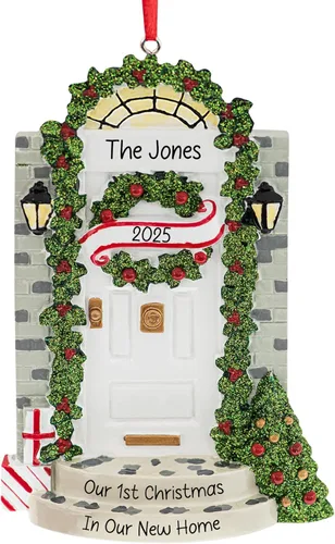 Miniatura 9 de Adorno de Navidad personalizado para el nuevo hogar 2026 Puerta negra con cinta de purpurina recuerdo único para el árbol de Navidad – Primer año