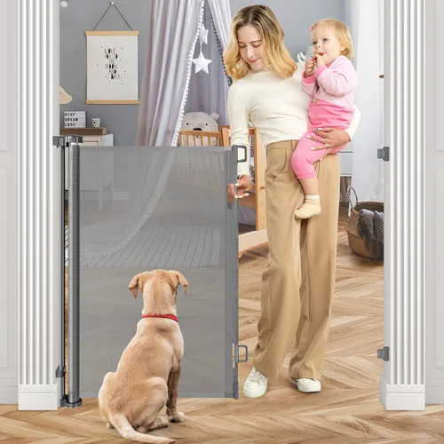 Puerta de bebé extra alta de 42 pulgadas para escaleras de 55 pulgadas de ancho, puertas retráctiles de malla antiarañazos para niños o mascotas,
