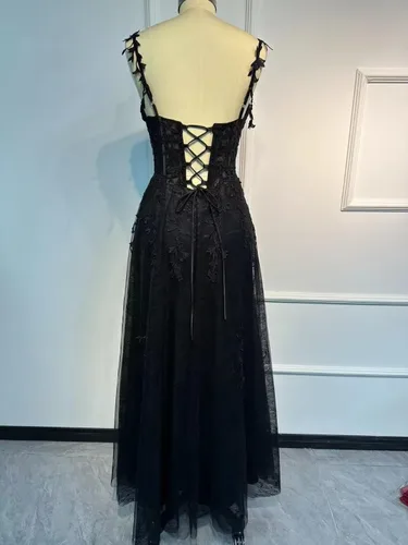 Miniatura 2 de YUAOHUANG Vestido de fiesta de tul con apliques de encaje para mujer, tirantes delgados, vestido formal de fiesta de noche, vestido de fiesta